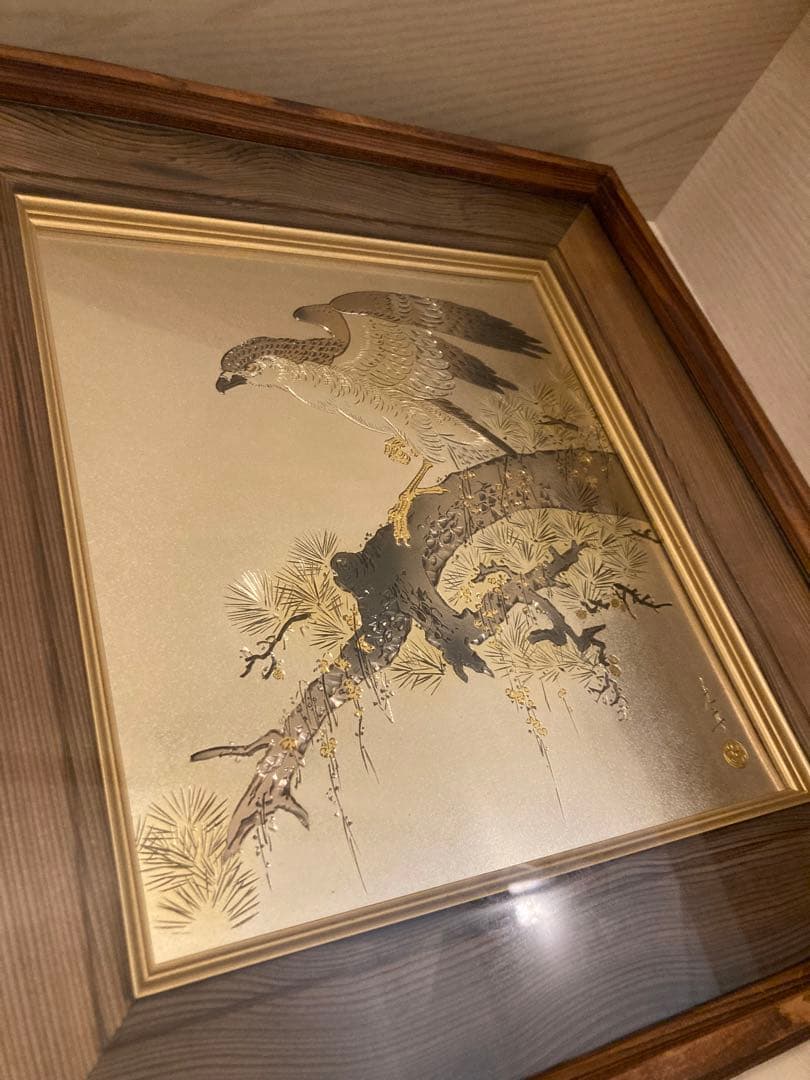 希少　堀口光彦 彫金額 松樹鷹図 金工作品 額装