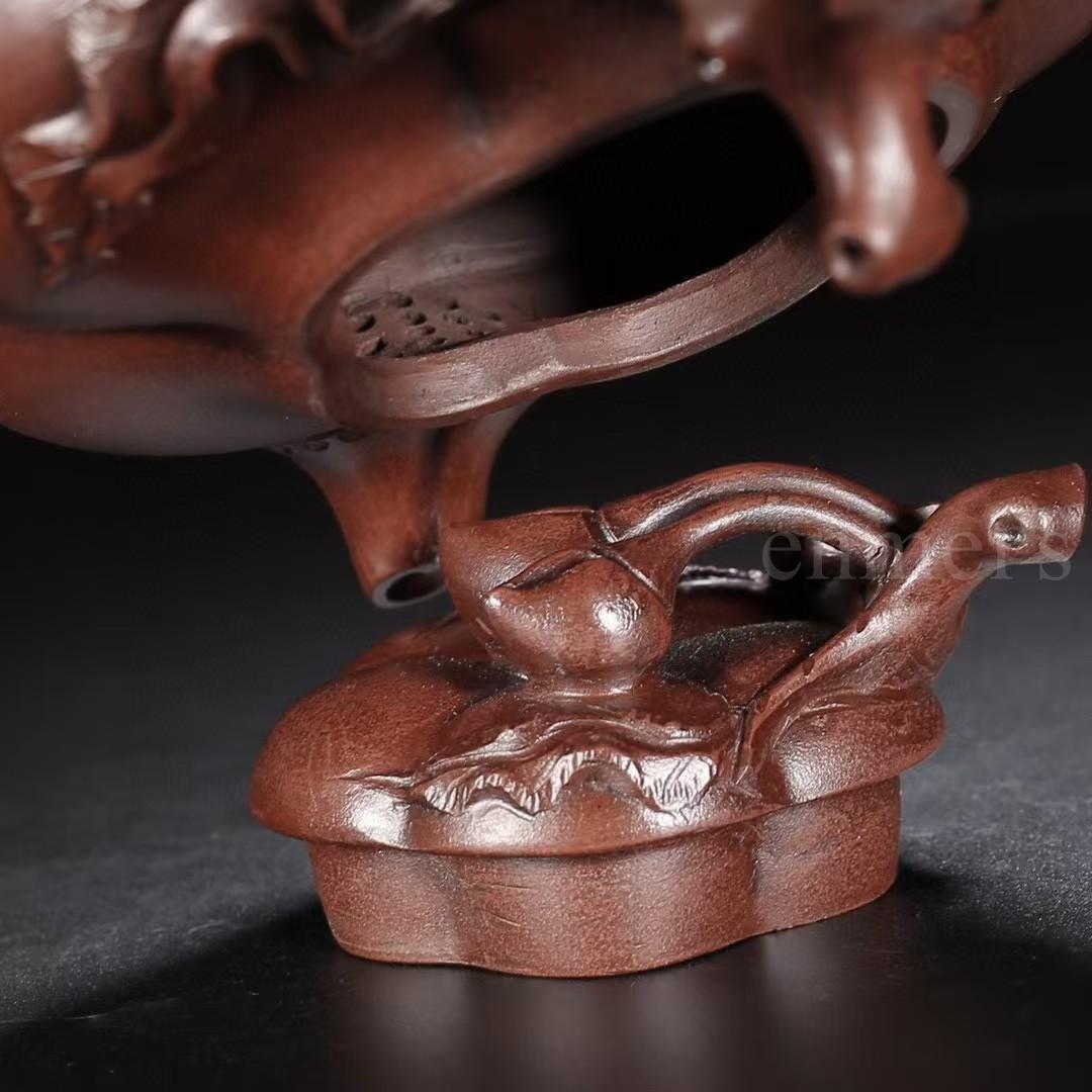 中国古美術・原鉱紫泥壽桃紫砂壺・底款：汪寅仙・紫砂壺・急須・茶壺・茶道具・置物