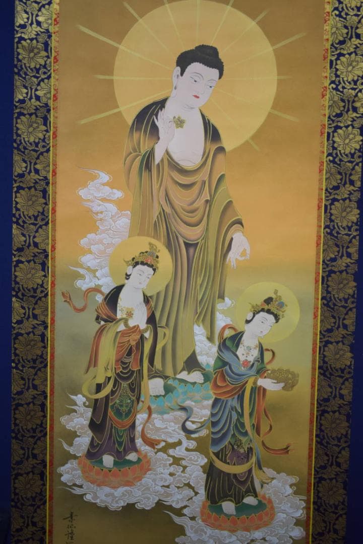 真作/福田素仙/三尊佛図/桐共箱付/布袋屋掛軸HH-117