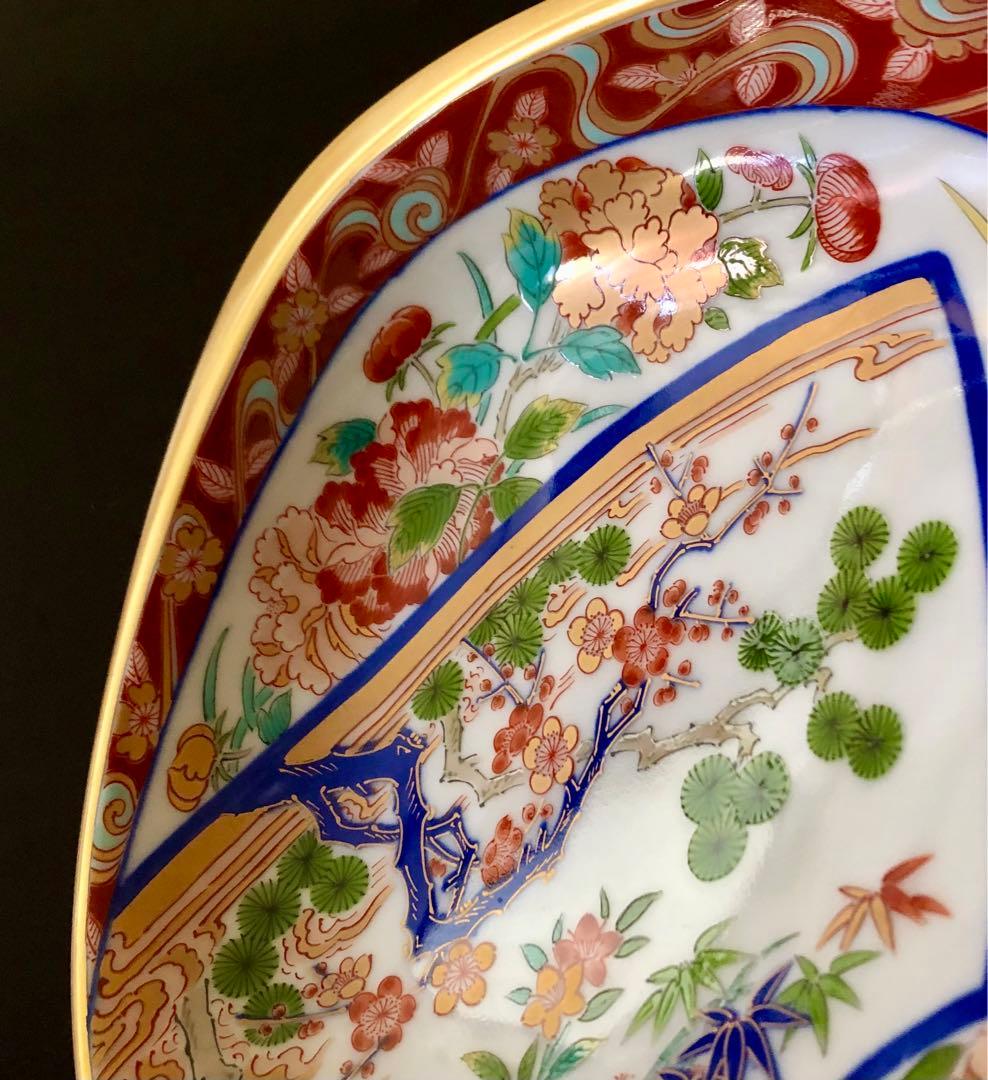 【新品・未使用】波佐見焼 林九郎窯 金彩貝型盛皿 扇割松竹梅 古伊万里 染錦