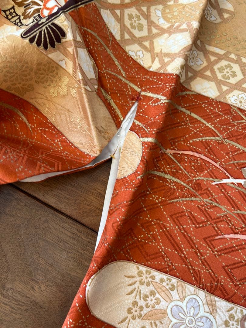 振袖 オレンジ 緑 花柄 帯、小物付き