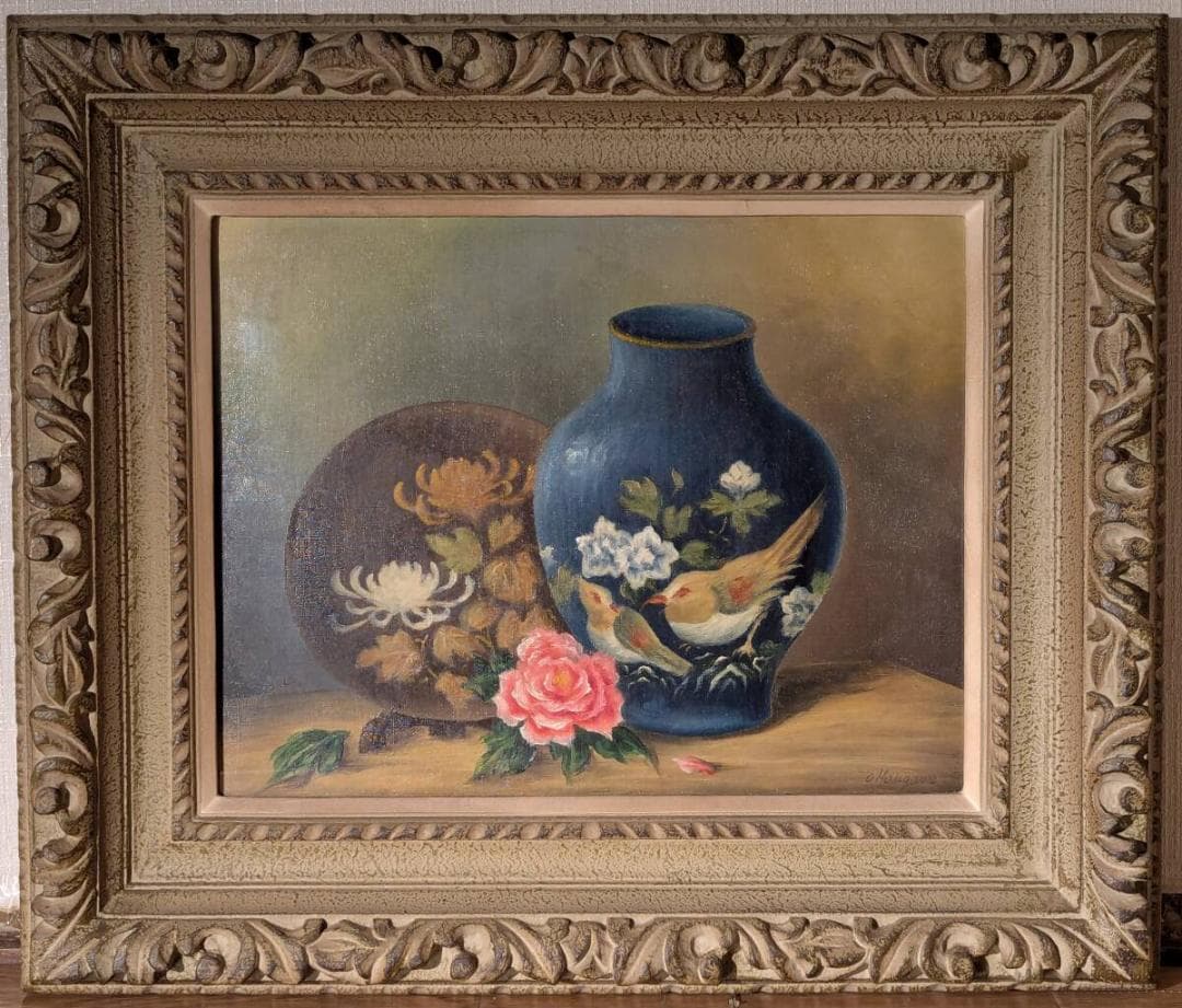 【真作】絵画　油彩6号　鳥文壷と薔薇　装飾陶器と花のある風景　X31