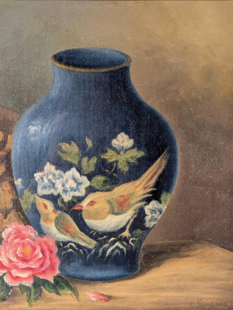 【真作】絵画　油彩6号　鳥文壷と薔薇　装飾陶器と花のある風景　X31