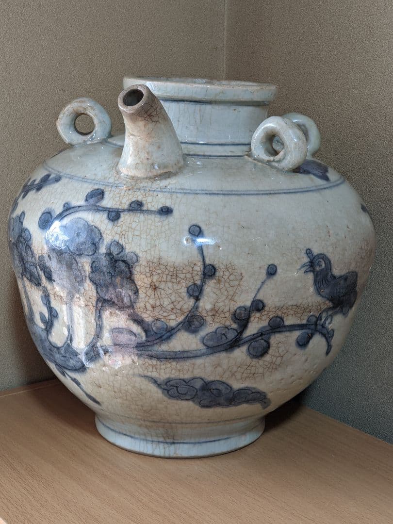 ⭐中国古陶磁 明時代末 染付 麒麟鳥紋様 四耳壺 古玩 古美術品 骨董品