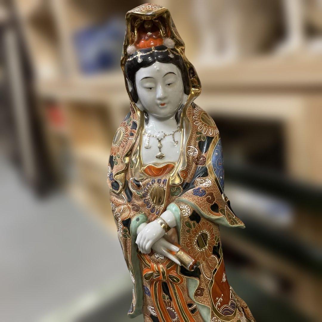 金彩九谷観音像　石川県九谷焼 優しい顔立ち　古美術　骨董　アンティーク仏教美術