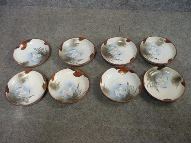 九谷焼 鷺 水仙 色絵 手塩皿 8枚 [B31369]