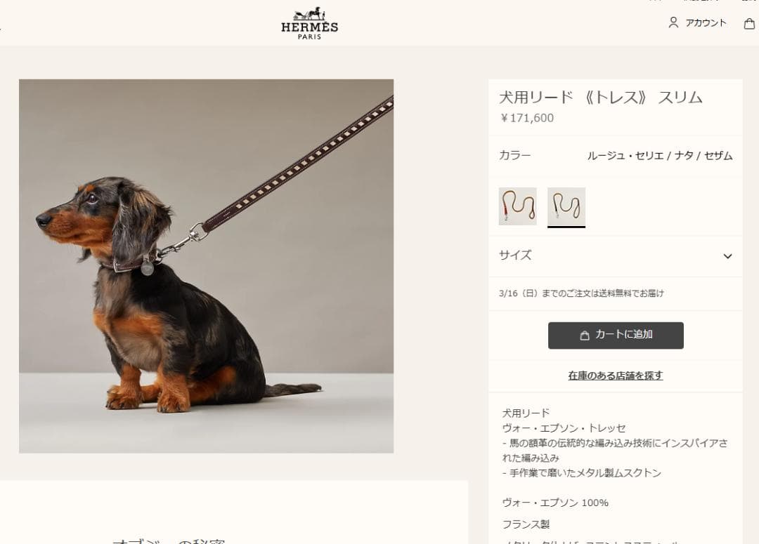 HERMES エルメス　犬用リード 《トレス》 スリム