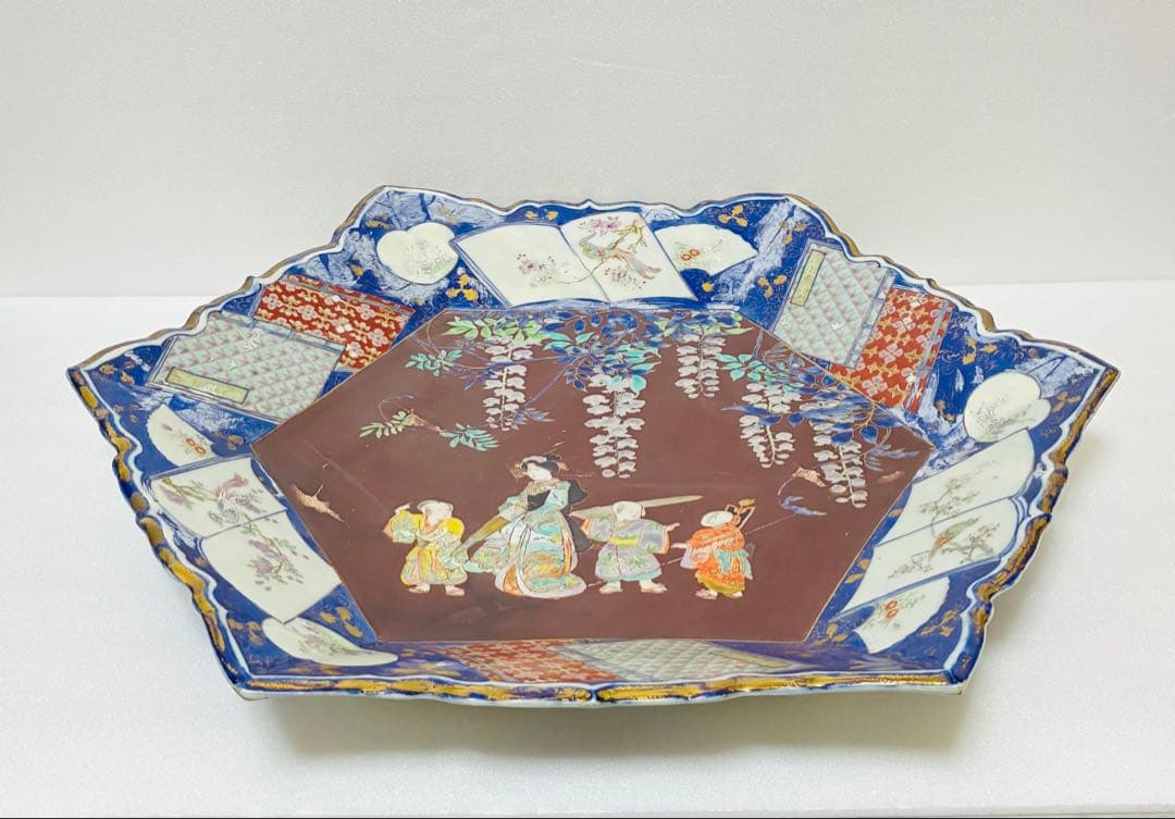 明治初期 香蘭社 色絵褐地藤絵人物文 ブラックホーソン六角大皿