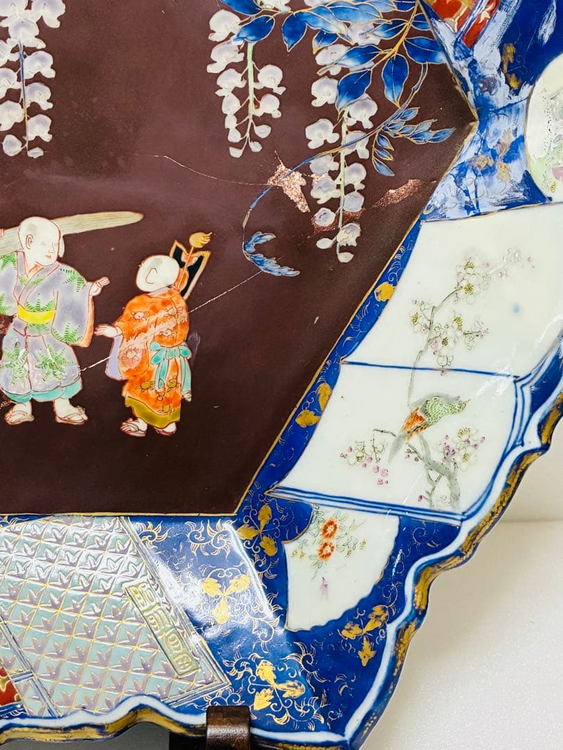 明治初期 香蘭社 色絵褐地藤絵人物文 ブラックホーソン六角大皿