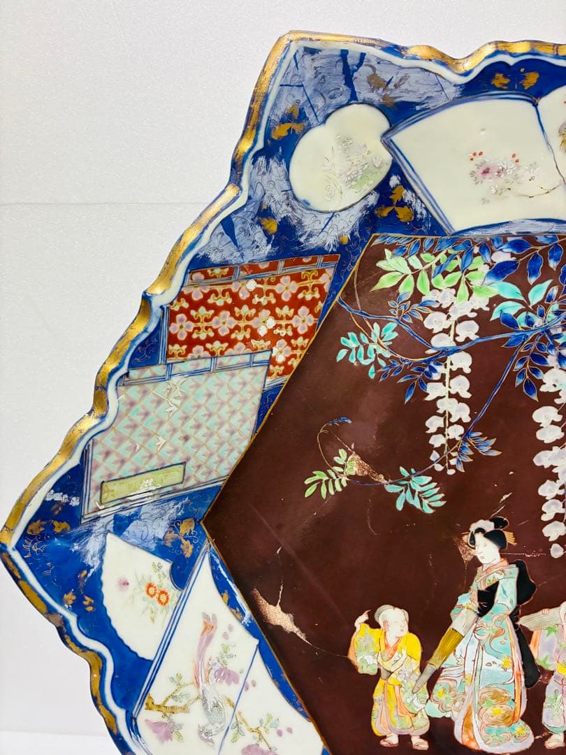 明治初期 香蘭社 色絵褐地藤絵人物文 ブラックホーソン六角大皿