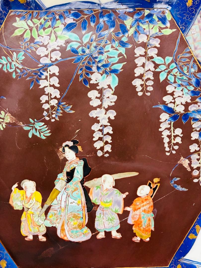 明治初期 香蘭社 色絵褐地藤絵人物文 ブラックホーソン六角大皿