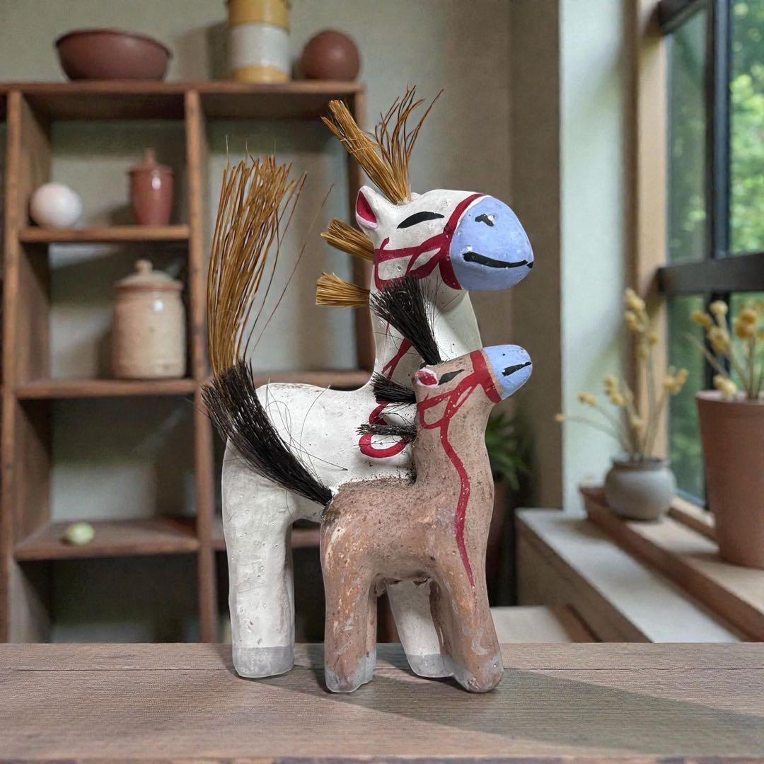 古玩 青森県郷土玩具　親子馬　手びねり土人形　午年干支飾り　民藝　廃絶品