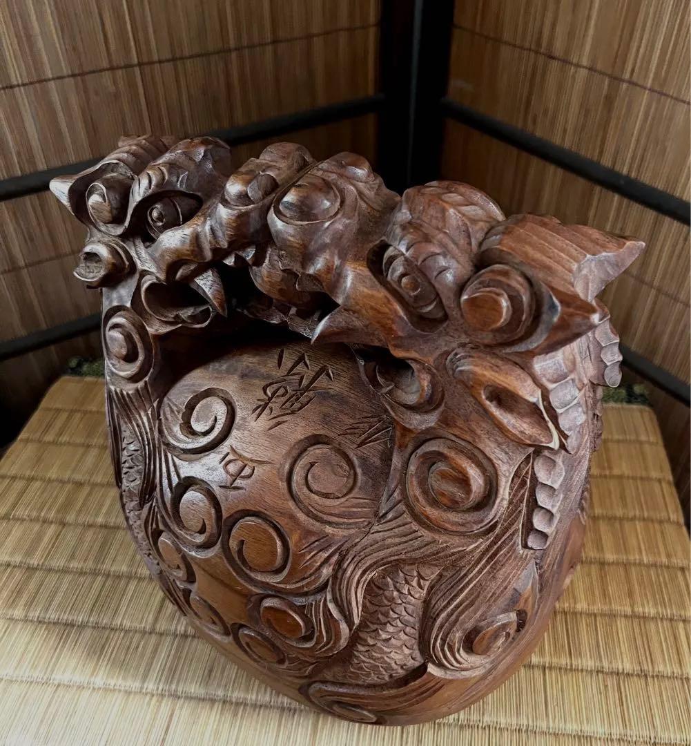 仏教美術 上級 細密 古木 龍彫り 玉鱗 職人手彫り 時代 木魚 本体