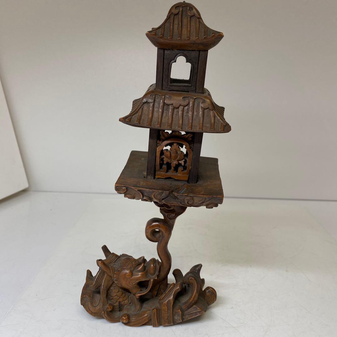 時代　黄楊木　極上彫　龍灯籠　タサオ　東さ8-0104☆2F