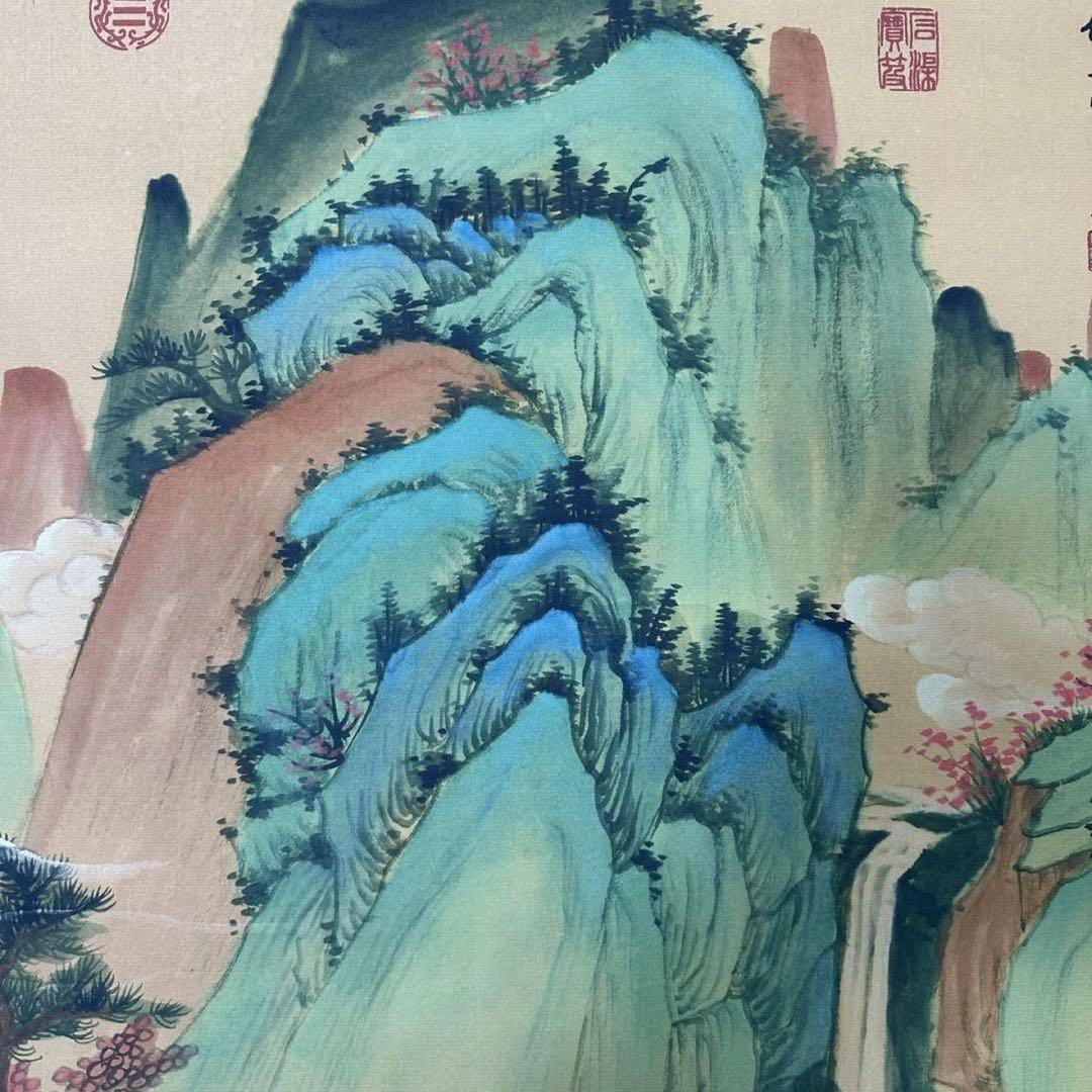 仇英《晴岚暖翠》 三尺中堂掛軸 収蔵証書付き 防偽標識あり 掛軸70×173cm