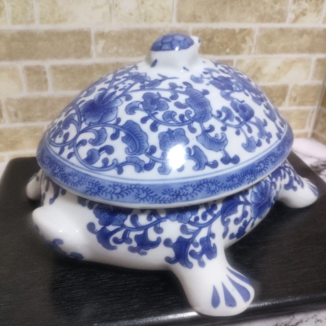 陶器製 染付 唐草 亀 タートル 親子 蓋物 小物入れ 大型サイズ