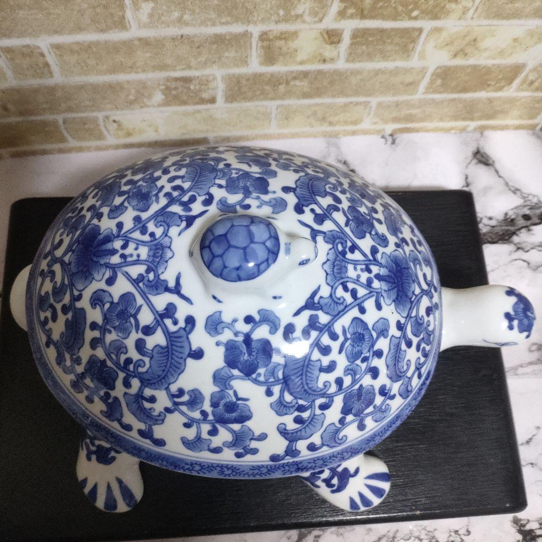 陶器製 染付 唐草 亀 タートル 親子 蓋物 小物入れ 大型サイズ