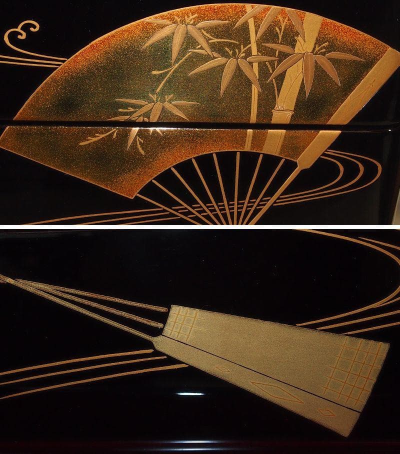 【高級・未使用】輪島塗 道甫作 扇面蒔絵 四段重箱 台付き お重/弁当箱 漆器