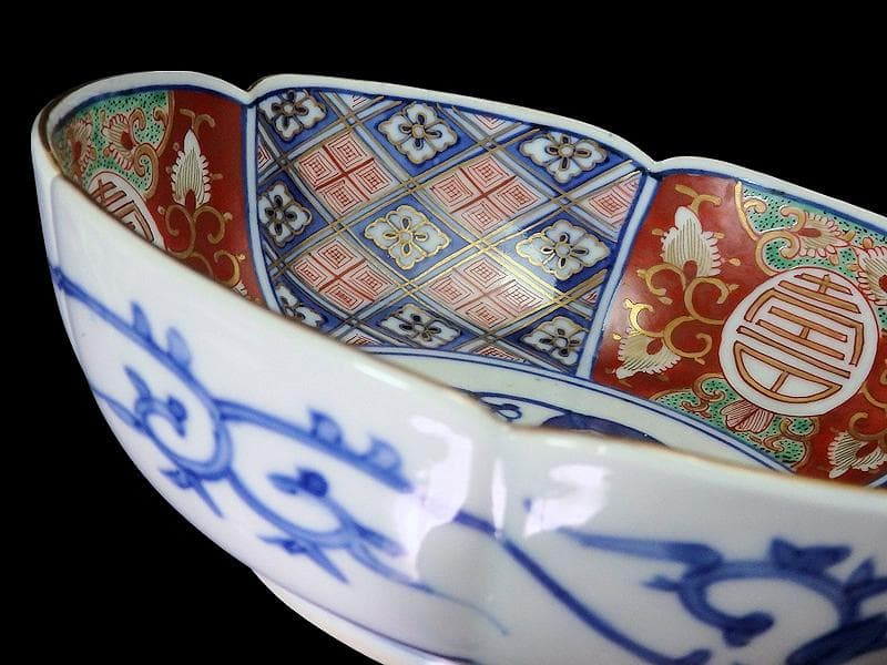 大聖寺伊万里　寿に金唐草　中陰菱に花菱紋の図　大振膾皿　B340AS-CVc