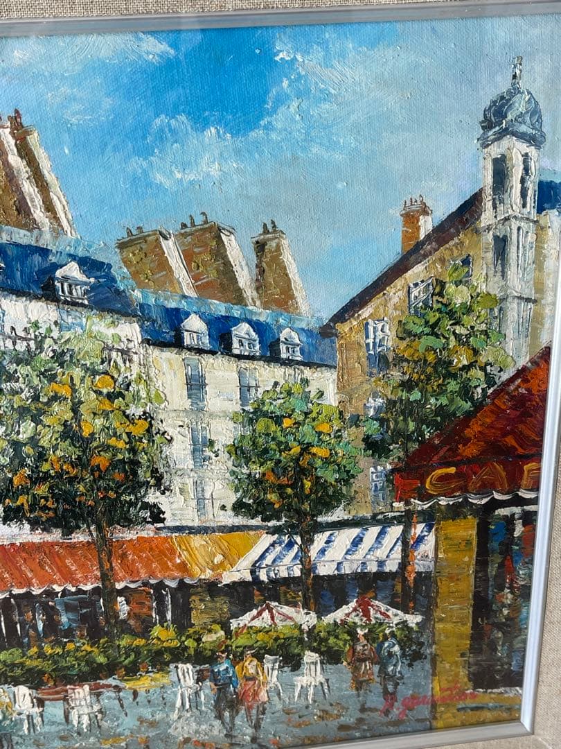 フランス　パリ　カフェ　街並みの風景　手書き油絵 額縁付き