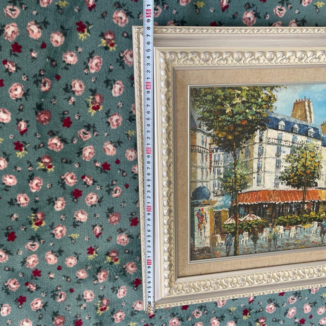 フランス　パリ　カフェ　街並みの風景　手書き油絵 額縁付き