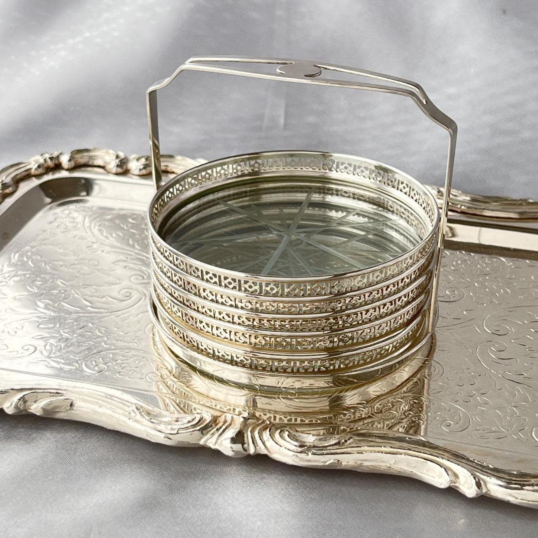 【Webster】【純銀/ガラス】透かしのコースター 5枚 スターリング