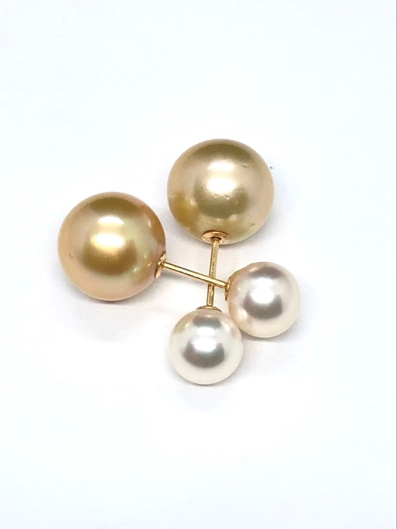 ゴールデンパールあこやダブルパールデザイン スタッドk18ピアス