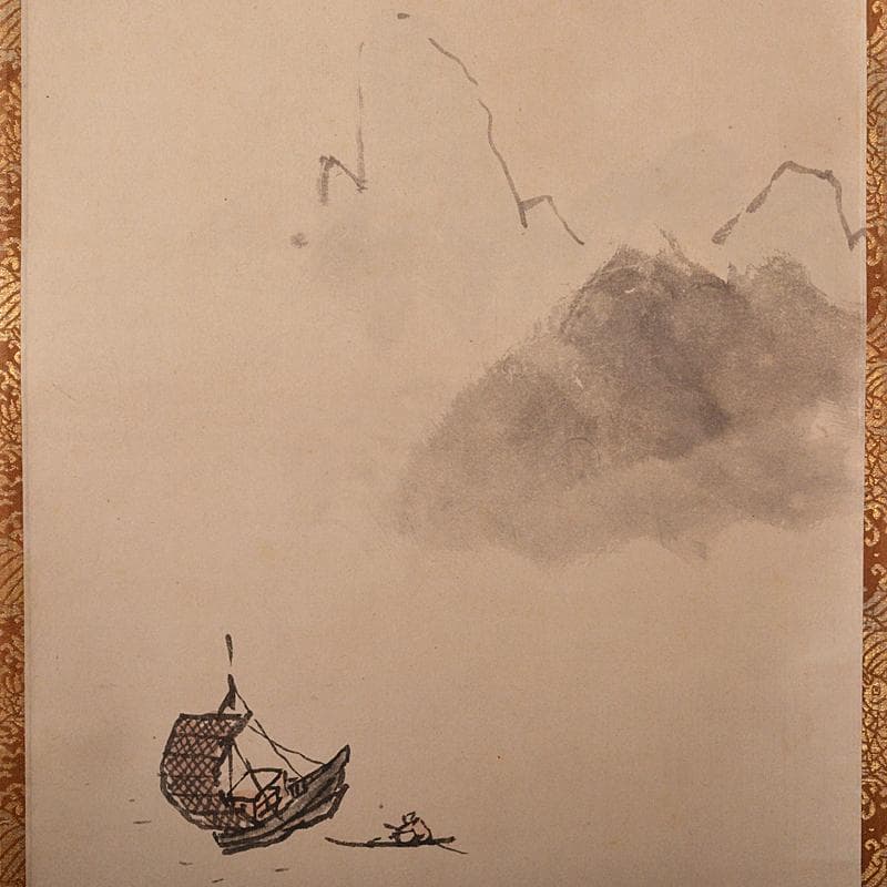 掛軸　久隅守景筆　三幅対　山水図　荘子図　書付共箱　D　R5171