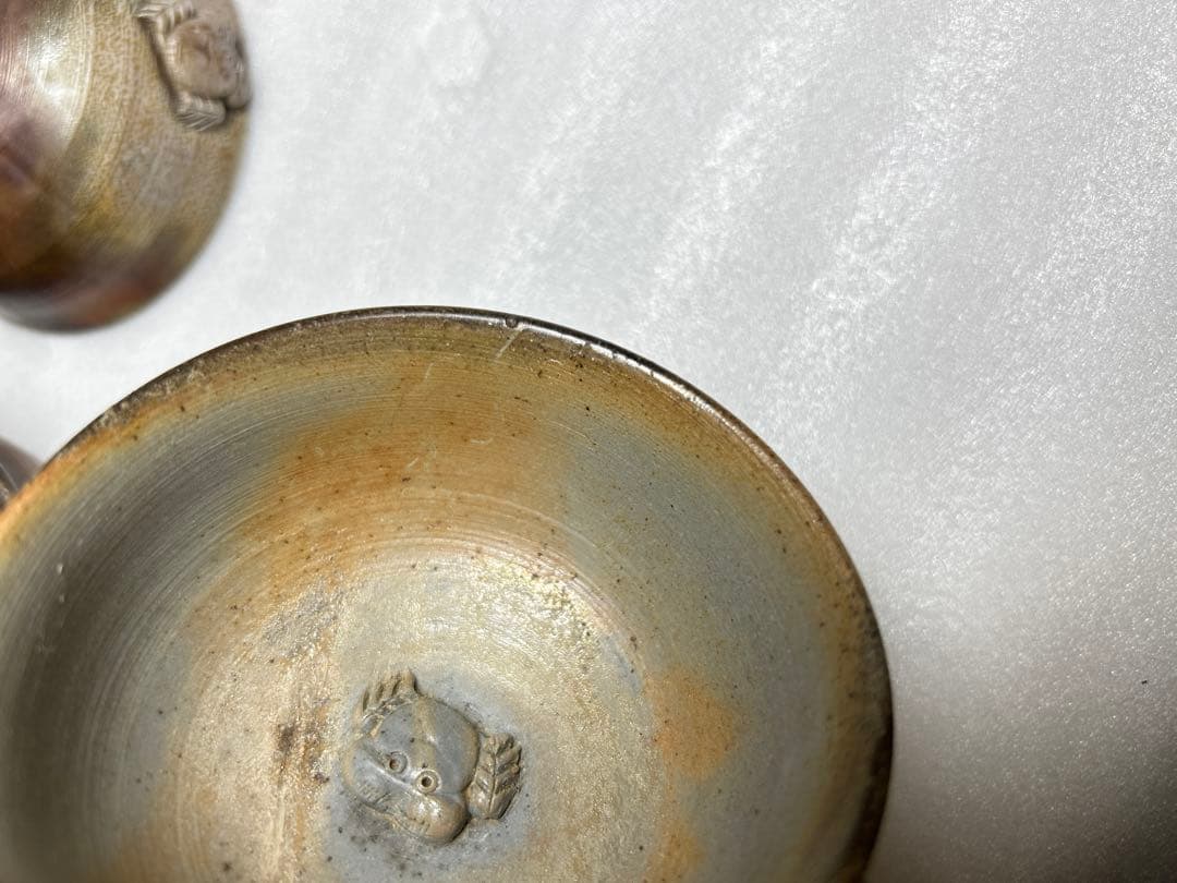 備前焼　盃　お猪口　小西陶古造　窯変細工浮彫 『蟹』　4個セット