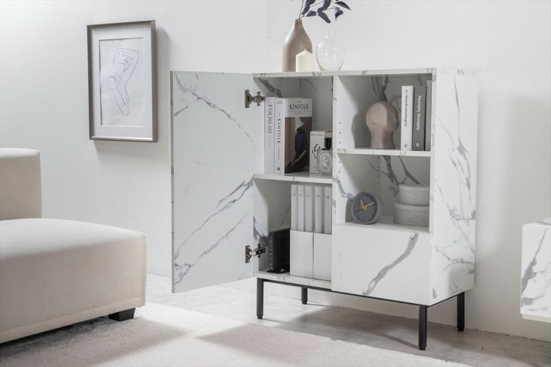 【送料無料】【幅72cm】大理石柄キャビネット ストーン柄 マーブル 棚 収納