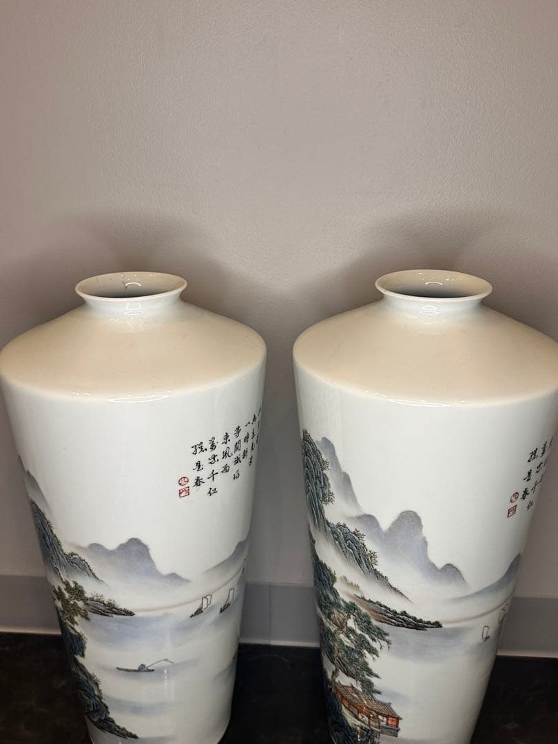 最終価格　中国 大きめ花瓶一対 山水人物図 詩文あり 養和堂製　コレクション