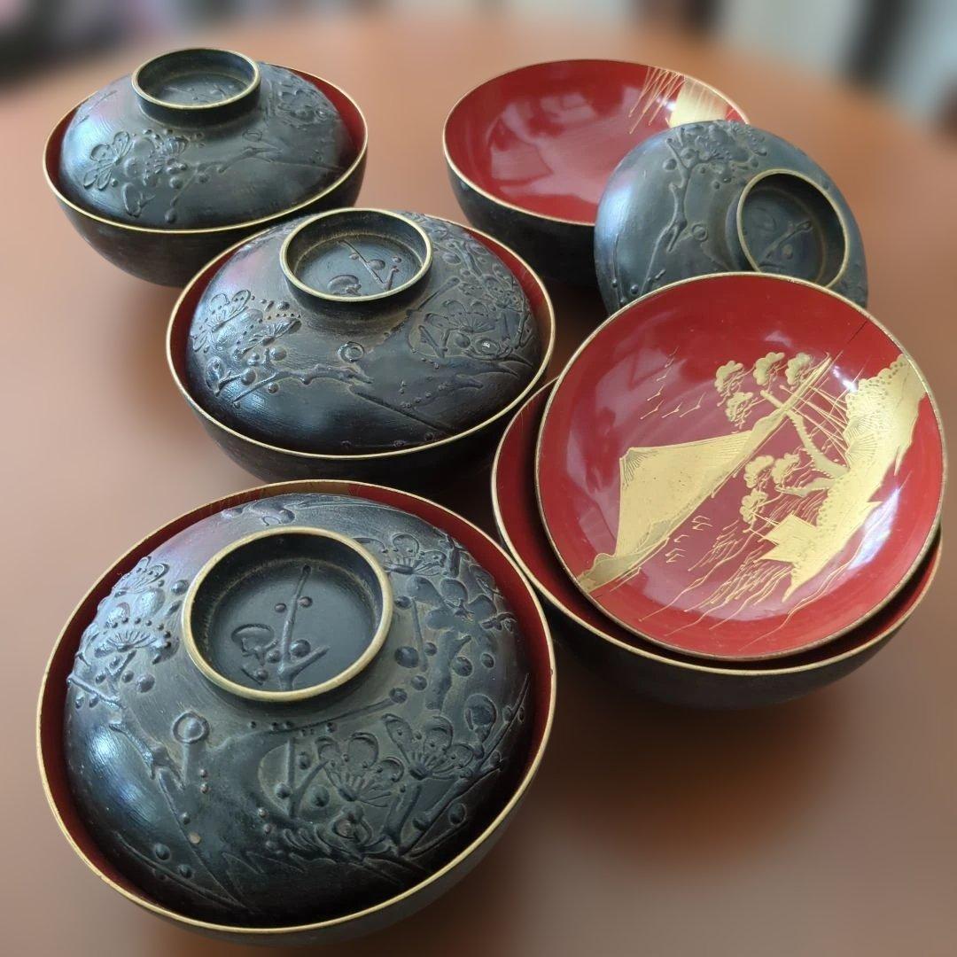 今ちゃん　骨董　お椀　会津塗　鉄錆塗り螺鈿　10つ