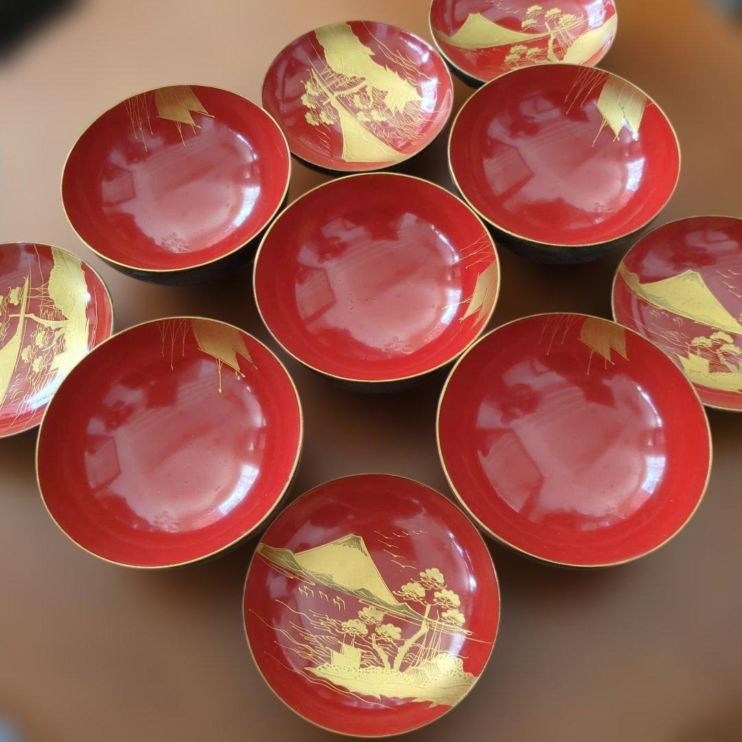 今ちゃん　骨董　お椀　会津塗　鉄錆塗り螺鈿　10つ