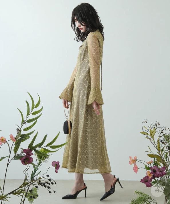 kana 幾何学柄 レース バックオープン ワンピース パーティードレス