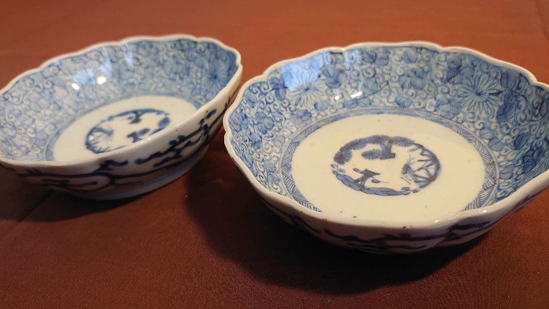 古伊万里　蛸唐草　微塵唐草　染付　成化年製　アンティーク古伊万里　江戸期　2客