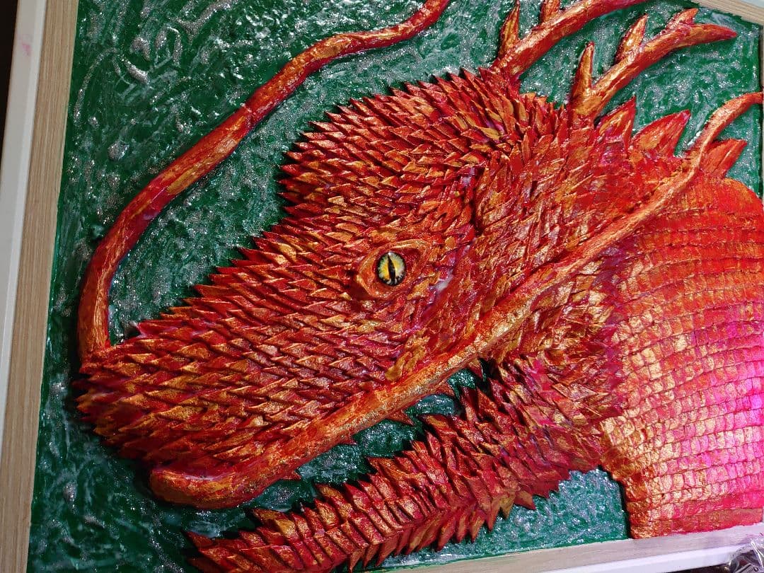 龍神 開運 和紙切り絵絵画）（赤龍 緑）【龍専門店ANDYオリジナル作品】