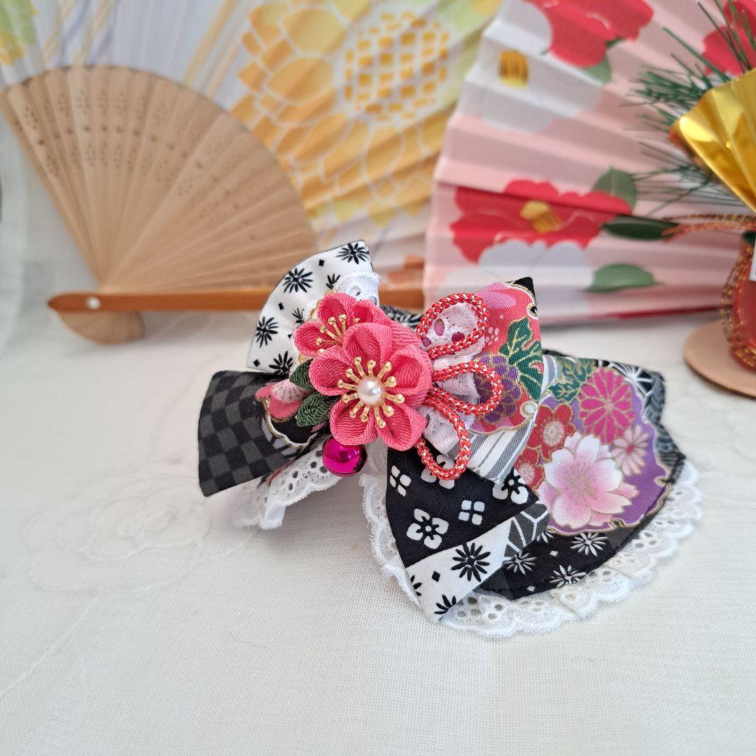 お正月仕様和風つまみ細工(黒①)わんちゃん猫ちゃん用襟つき首輪