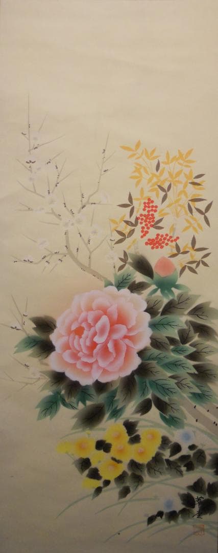 掛け軸 草堂 四季花 絹本 希少 軸装 茶道具 掛軸 美品 です。