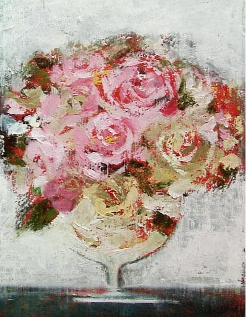 油絵 菅家令子 絵画インテリア 額付(青緑＋金色の枠)uF6-113102 ばら