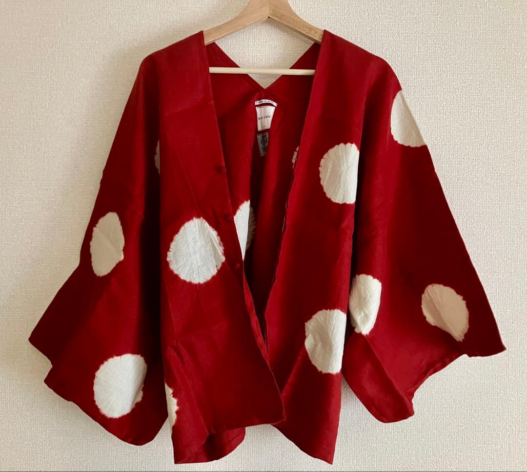 近清絞り 麻 はつき 水玉大（みずたまだい）臙脂色（えんじいろ）×練色（ねりいろ