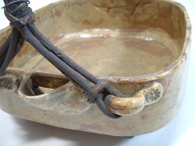 菓子鉢■古い手持ち菓子器 片口 布目 二代 弘法 七十 造之 三つ足 時代骨董■