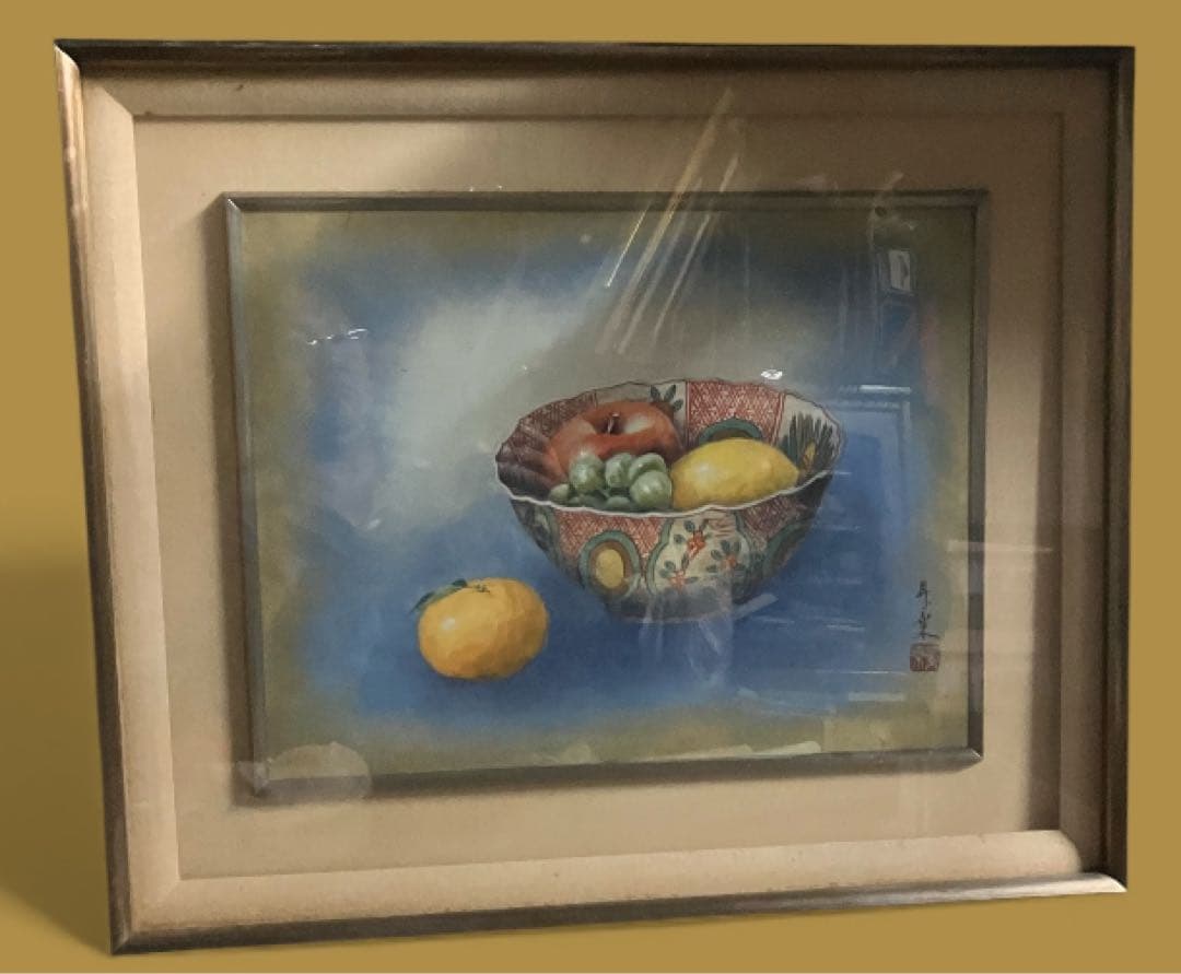 五十川昇乗　静物画 赤絵の器に果物の画　五十川頼石に師事