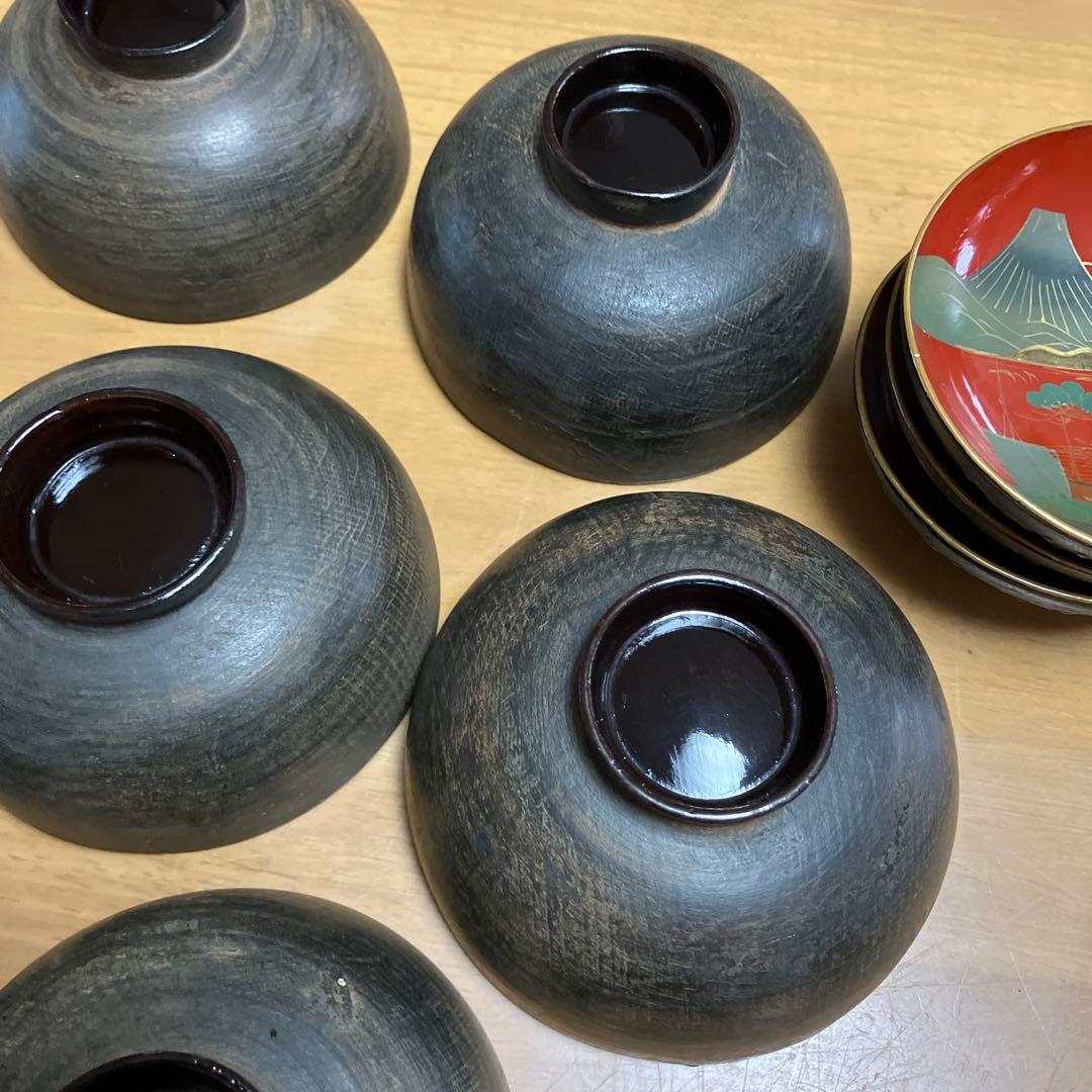 会津鉄錆塗（てつさびぬり）木製汁椀７客（明治〜大正時代）