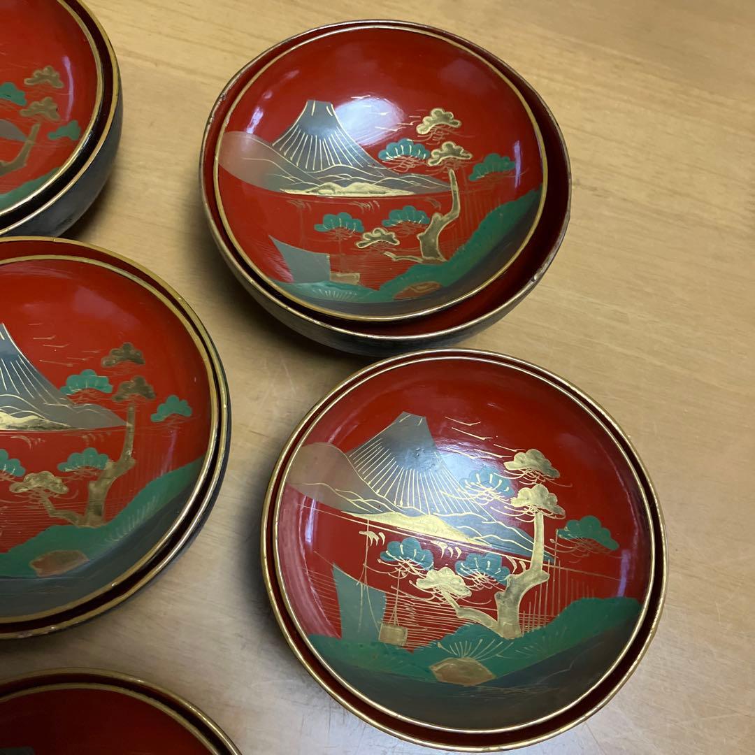 会津鉄錆塗（てつさびぬり）木製汁椀７客（明治〜大正時代）