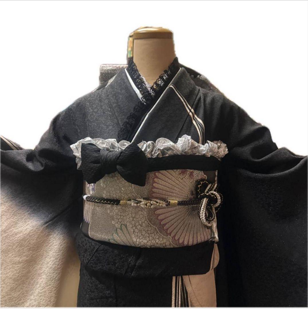 439黒白金通し　大胆華やか!!　乱菊　正絹振袖6点フルセット成人式卒業式謝恩会