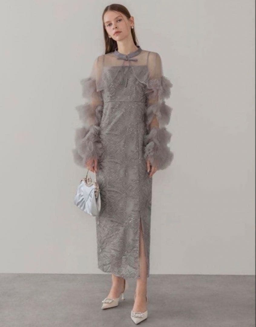 leja フリルチュールスリーブリボンIラインワンピースドレス　M