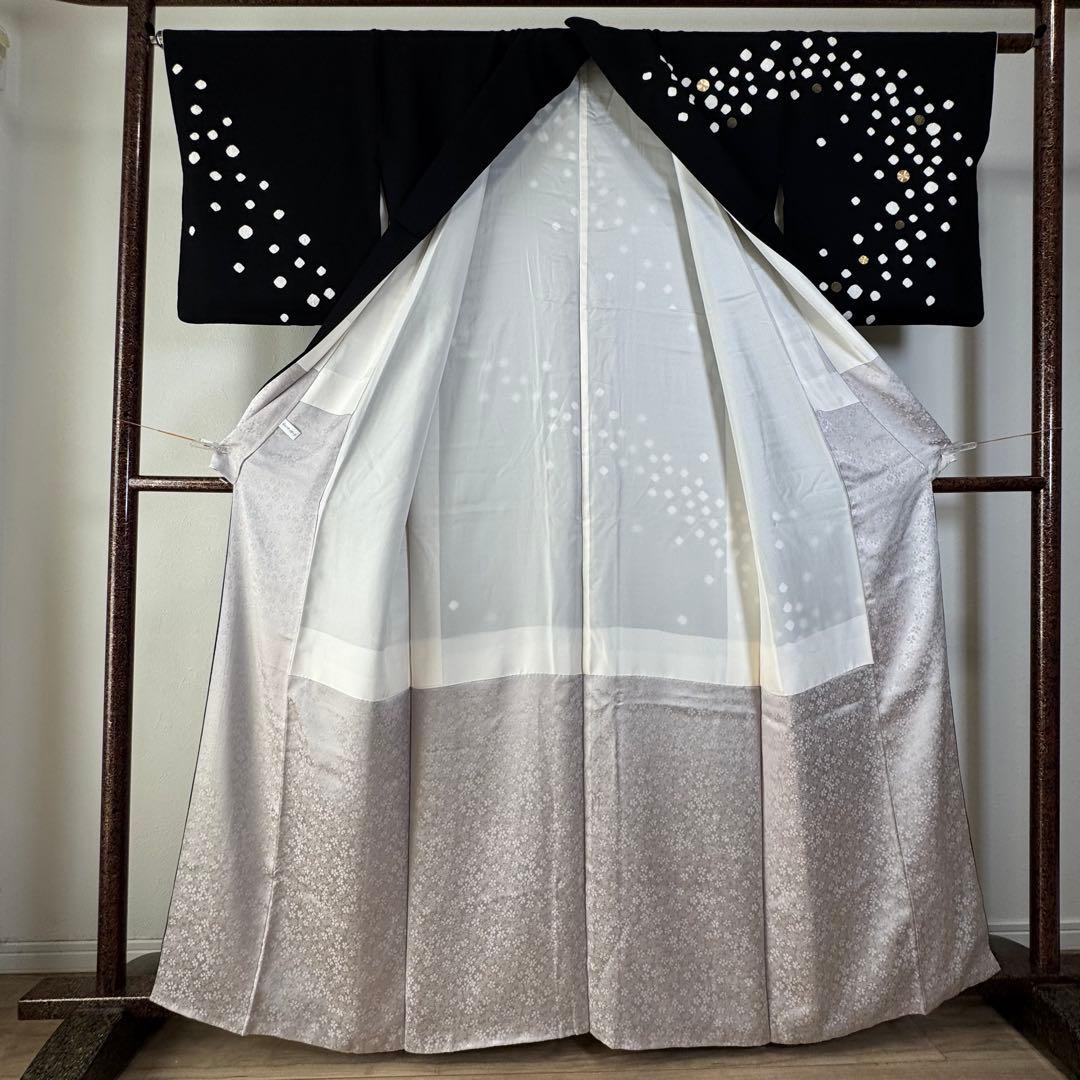 超美品　正絹　袷　訪問着　着物　164裄68 黒　絞り　小玉　金刺繍　トール