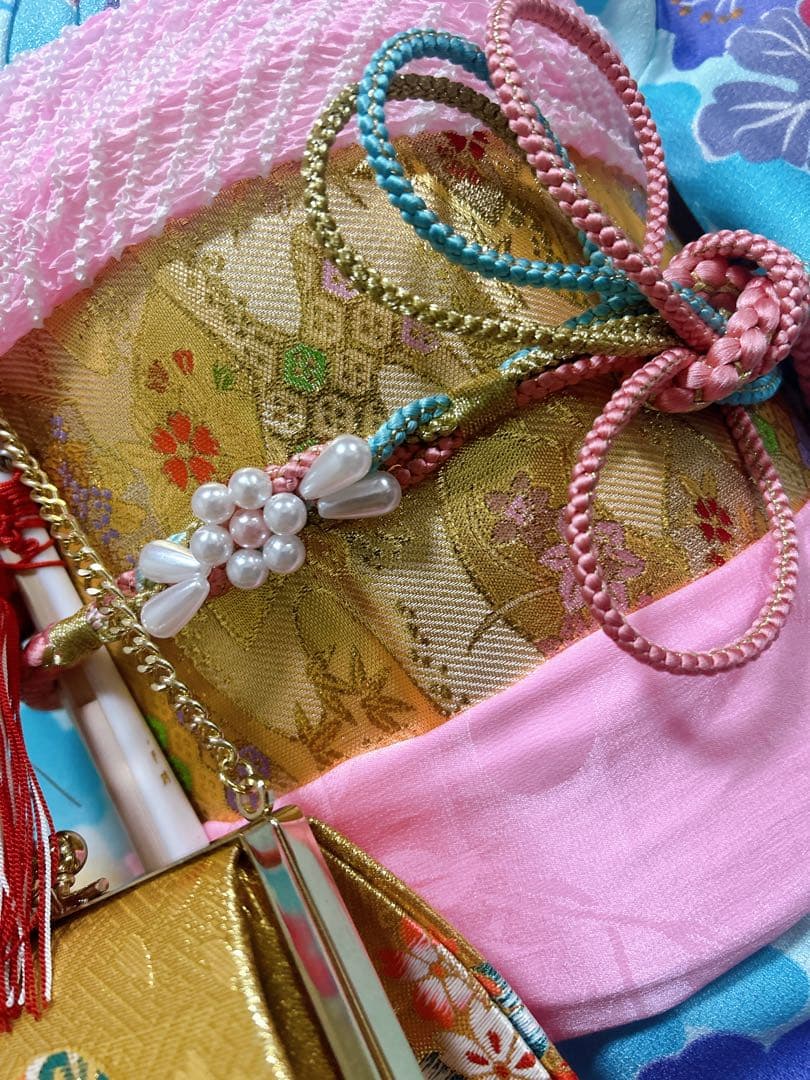 人気の水色♡七五三　7歳　女の子　セット　一式　ピンク　ゴールド　パール付帯締め