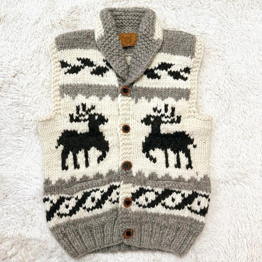 美品 希少 カナダ製 カウチンベスト メープルボタン トナカイ柄 XL相当