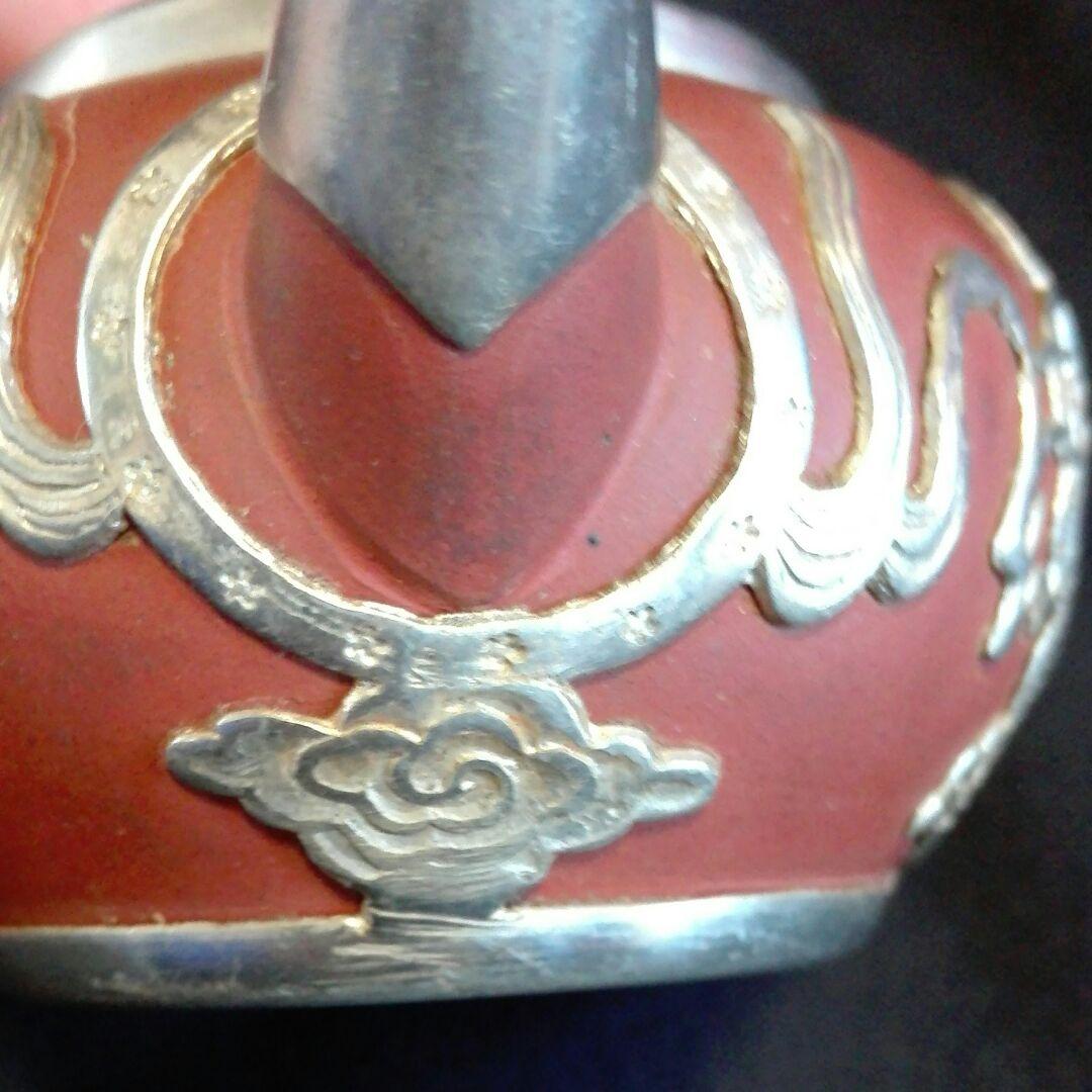 陶芸、急須。茶道。朱泥？。「聞萍」の銘。銀?か錫?の細工。装飾。龍、竜。その⑦